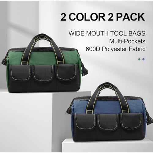 2 Pack Rugged 16-Inch Wide Mouth Tool Bag for Professionals, Waterproof and Durable. Great for Construction Electricians Carpentry and DIY Enthusiasts (Green,Bule)