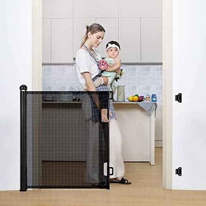 COMOMY Retractable Baby Gate for Stairs, 0-55" Mesh Dog Gate for House Doorways Hallways, 33" Tall Extra Wide Child Safety Gate for Kids Pets, Indoor and Outdoor (Black)