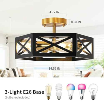 Semi Flush Mount Ceiling Light, Black and Gold Light Fixtures Ceiling Mount with Hexagon Cage, Metal Industrial Close to Ceiling Light for Hallway, Kitchen, Bedroom (Black and Gold, 14.56''L)