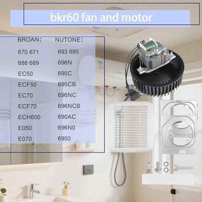2025 Upgraded BKR60 Bath Fan Replacement Motor and Cover/Grille Compatible with Broan 670 671 688 689 NuTone 693 695 696N 695C 690NT 690NT-A Bathroom Exhaust Fan 3.0 Sones 60 CFM 2-Year Qa