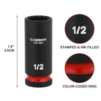 CASOMAN 12-Pieces 3/8" Drive Mid-Length Impact Socket Set, 12-Point, SAE, 5/16-Inch to 1-Inch, CR-MO Steel, with Storage Case