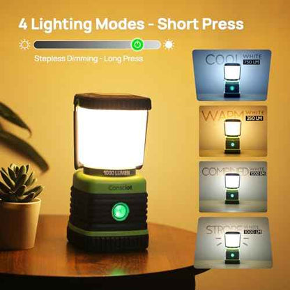 LED Camping Lantern Rechargeable, Consciot Camping Lights, 1000LM, 4 Light Modes, 4400mAh Power Bank, IPX4 Waterproof Tent Lights, Dimmable Flashlight for Emergency, Power Outages, USB Cable Included