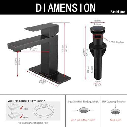 Oil Rubbed Bronze Bathroom Faucet 1 Hole, Stainless Steel Single Hole Bathroom Sink Faucet with Pop Up Drain, Bronze Lavatory Sink Faucet AML-1141-ORB