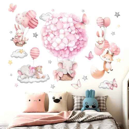 Animals Hot Air Balloon Wall Stickers - Elephant Bear Fox Wall Decals - Girls Bedroom Baby Nursery Kids Room Wall Decor