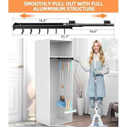 Pull Out Broom Holder With Adjustable Double Row Sliding Hook, Multifunctional Slide Broom And Mop Storage/Organizer Garage Organization Hooks, for Closet Laundry Garage Cupboard Kitchen