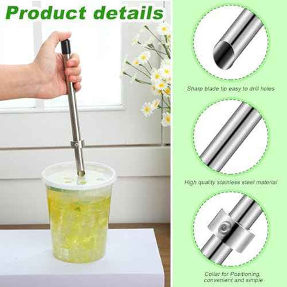 Lasnten 1 Pack Straw Puncher for Plastic Lids Lemonade Cups, Stainless Steel Straw Hole Puncher Punching Tools for Cafe Drinks Deli Container Fresh Squeezed Lemonade Stand Supplies (8.7 Inch,Black)
