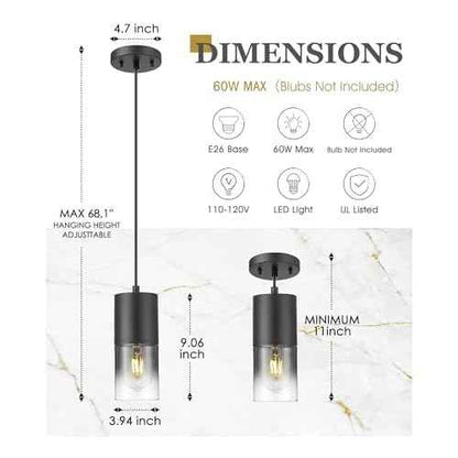 2-Pack Pendant Lights Kitchen Island, Hanging Lights Fixtures with Cylinder Black Gradient Glass, Modern Kitchen Pendant Lighting Over Island for Dining Room, AD-24023-1P2-BK-SM