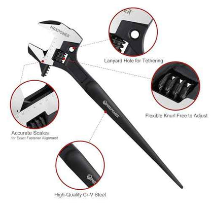 MAXPOWER 16-inch Adjustable Construction Spud Wrench, 4 in 1 Multifunctional Use for Spud Wrench, Adjustable Wrench and Hammer, Max Jaw Capacity Ups to 1.57"