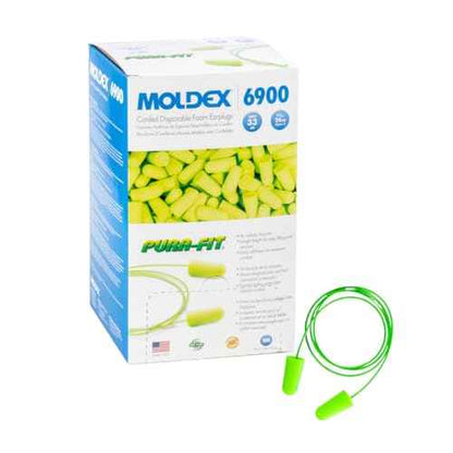 Moldex Pura-Fit Foam Earplugs ? Soft, Comfortable, Corded, Disposable Ear Plugs, NRR 33dB Noise Reduction for Hearing Protection, Bright Green, Made in USA, 100 Pairs, 6900
