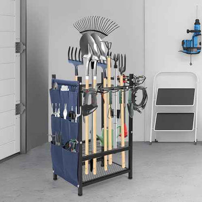 Garden Tool Rack Freestanding, Heavy Duty Garden Tool Organizer, 3-tier Tool Rack, Multifunctional Yard Tool Storage with Hooks and Storage pockets for Outdoor Long-Handled Broom Shovel Rake