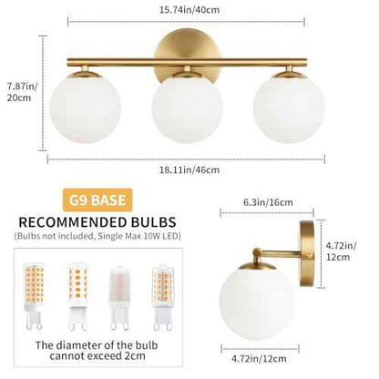 Globe Bathroom Light Fixtures 3-Light Brass Gold Vanity Light with Plastic Milk White Globe Shades 11.81 inch Wall Sconce Lighting Over Mirror, Vanity Lights for Bathroom Bedroom Hallway