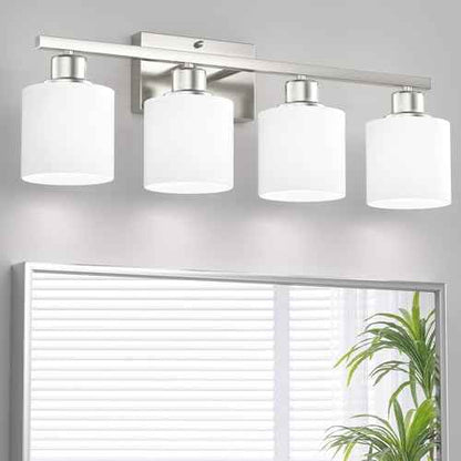 Bathroom Lights Over Mirror Brushed Nickel, Anti-Rust 4-Light Bathroom Vanity Light Fixtures, Modern 24Inches Wall Sconces E26 Base, Milky White Glass Shades, Bulbs Not Included