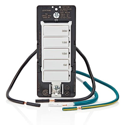 Leviton Countdown Timer Switch for bathroom fan and household lights, 5-10-15-30 min, No Neutral Required, Single Pole, 15A, 1/2 HP/9.8A Fan/Motor, DT130-1LW, White