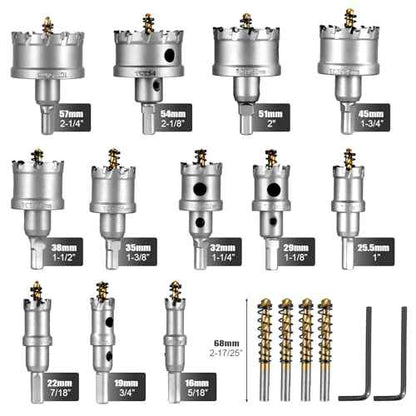 16PCS Hole Saw Kit for Hard Metal,Upgrade Heavy Duty Carbide,12 Sizes Including 5/8" to 2-1/4¡±,Tungsten Carbide Tipped Hole Cutter Set£¬Suitable for Hard Metal, Stainless Steel, Wood, Iron