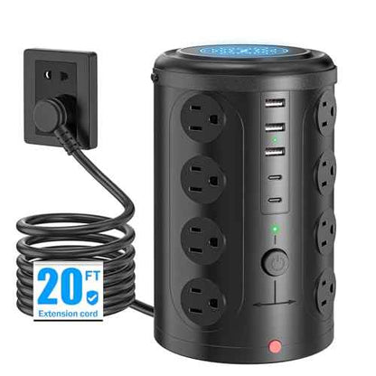 Power Strip Tower Surge Protector with 16 Outlets and 5 USB Ports (2 USB-C), 20FT Extension Cord with Multiple Outlets,Heavy Duty Charging Station,Home Office Dorm Room Essentials.No Wireless Charging