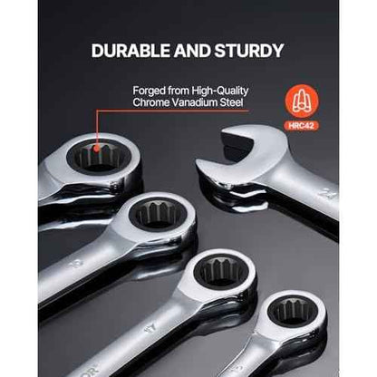 VEVOR Combination Wrench Set, 16-Piece Ratcheting Wrench Set with Organizer Rack, Cr-V Steel, Metric 8 mm to 24 mm, Ideal for General Household, Garage, Workshop, Auto Repairs, Emergency
