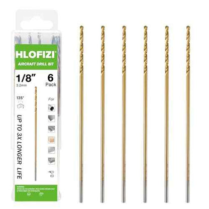 1/8 x 6 Inch Extra Long Drill Bits (6 Pack), Aircraft Drill Bit Titanium M2 High Speed Steel for Wood, Plastic, PVC, Thin Metal Sheet