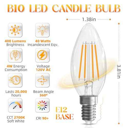 Candelabra Light Bulbs 40 watt Equivalent, E12 LED Bulb Non-Dimmable Chandelier Light Bulb, B10 LED Candle Bulb 2700K Soft White, 90+CRI, 400LM, Cear Glass, 24 Pack