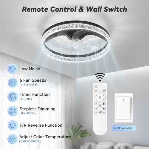 FOLKSMATE Ceiling Fan with Light and Remote, Low Profile Flush Mount Crystal Fandelier, Modern 6 Speeds Quiet Reversible, 2800-6500K Dimmable LED, Timer Fan Light for Bedroom Living Room Kitchen