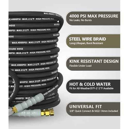 Pressure Washer Hose 50FT 4000 PSI, Kink Resistant Steel Braided Layer & NonMarking Rubber for Hot/Cold Water, High Power Washer Hose With 3/8 Inch Quick Connect & M22 Fitting, Black