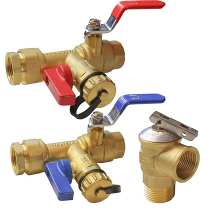 Xiny Tool 3/4-Inch IPS Isolator Tankless Water Heater Service Valve Kit with Pressure Relief Valve, Clean Brass