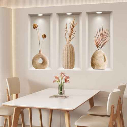 3D Dried Flower Vase Wall Stickers, 3Pcs Rustic Blossom PVC Wall Decals, Removable 3D Floral Wall Art for Living Room, Bedroom, Entryway, Sofa Backdrop, Yoga Studio, Office, Home Decor