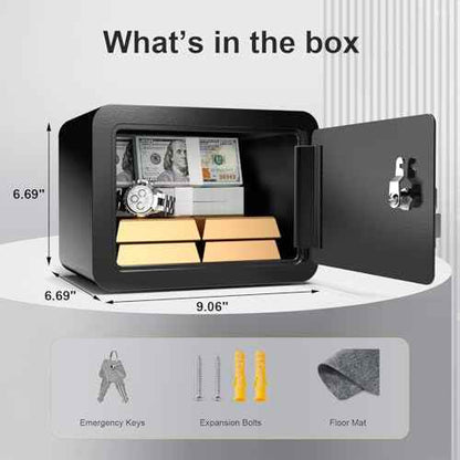 0.23 Cub Safe, Small Safe Box with Key, Mini Home Safes for Money, Coin and Cash, Security Safes for Kids, Lock Box for Personal Items, Black, 6.69 x 9.06 x 6.69 Inches