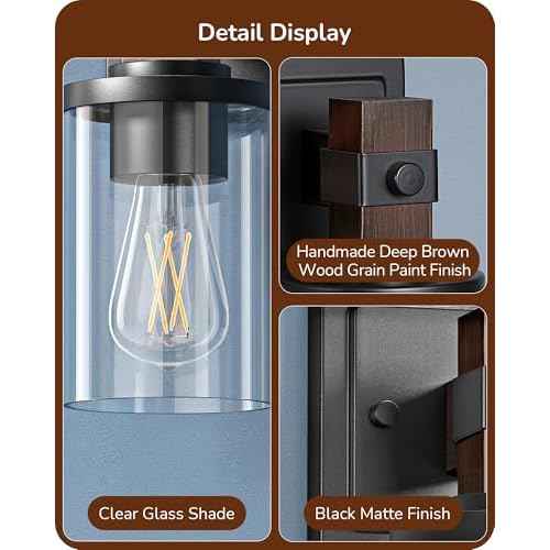 EDISHINE Wall Sconces Set of 2, Farmhouse Vanity Light Fixtures with Clear Glass Shade & Dark Brown Wood Grain Paint, 1-Light Wall Mount Lamp for Bathroom, Hallway, Living Room, Mirror, Kitchen