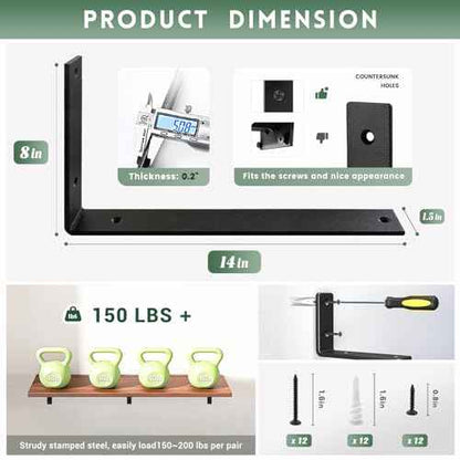 Shelf Brackets Heavy Duty 14 Inch Black L Brackets for Shelves 12 Pack 5mm Thick Wall Mounting Floating Metal Iron Shelf Support for Wood with Screw