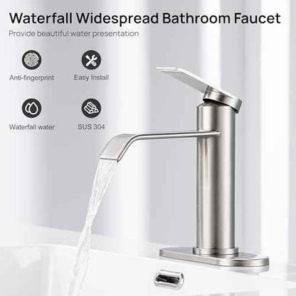 GAGALIFE Bathroom Faucet 1 Hole, Brushed Nickel Bathroom Sink Faucet with Metal Pop-up Drain Supply Lines and Deck, Modern Waterfall Bathroom Faucets Single Handle, JJL-MP-7001BN