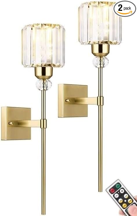 Modern Gold Wall Sconces Lighting Battery Operated Set of 2,No Wiring Rechargeable Wall Lights Fixture with Wireless Remote,Clear Glass Long Wall Lamp for Bedroom Bathroom Living Room Vanity Light