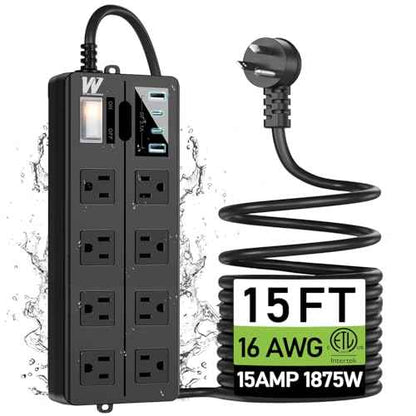VNJ Outdoor Power Strip with 8AC Outlets + 4USB Ports, IPX6 Waterproof Surge Protector, Safety Lock Design and ETL-Certified Cables, 15FT Extension Cord for Home, Garden, and Commercial Use