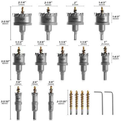 Carbide Hole Saw Kit for Metal - 16Pcs Tungsten Carbide Tipped 5/8"-2-1/4" Inch Hole Cutter Set, for High Precision Cutting of Stainless Steel, Iron, Copper, Brass