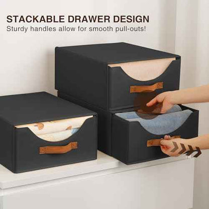 Closet Organizers and Storage - Large Stackable Storage Bins with Drawer, Fabric Bins for Organization, Collapsible Storage Drawers Organizer for Bedroom, Living Room, 4 Pack, Black