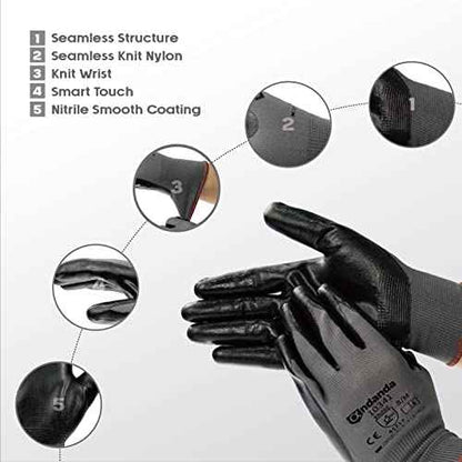 ANDANDA 12 Pairs Work Gloves, Smart Touch, 3D Comfort Stretch Fit, Nitrile Coated, Men Work Gloves with Grip, Seamless Knit Nylon, Suitable for Warehousing, Logistics, Handling, Black£¨L£©