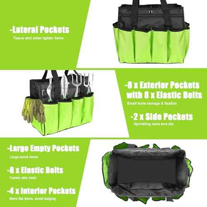 KUNLUN Gardening Tote Bag, Garden Tool Bag with 14 Pockets & Elastic Belt, Heavy Duty Standable Garden Tote Storage Bag with Long Adjustable Shoulder Strap for Indoor and Outdoor Use