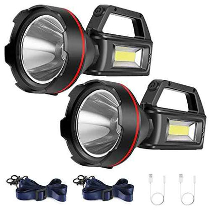 Rechargeable Spotlight Flashlight, High Lumens Handheld Spotlight,LED Searchlight with Shoulder Strap and USB Output for During Hurricane,Emergency, Storms,Hunting, Hiking, Camping(Black Pack of 2)