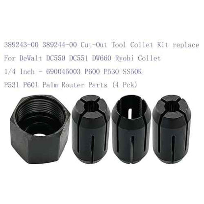 389243-00 389244-00 Cut-Out Tool Collet Kit replace For DeWalt DC550 DC551 DW660 Ryobi Collet 1/4 Inch - 690045003 P600 P530 SS50K P531 P601 Palm Router Parts (4 Pck)