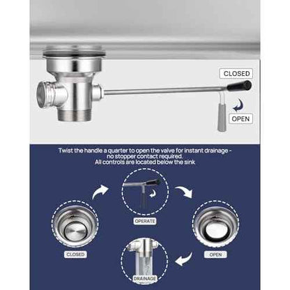 3-1/2" Commercial Sink Drain with Twist Lever Handle, Waste Drain Valve with Overflow Inlet for Restaurant 2/3 Compartment Sink, Easy Controll, Block-Free and Leakproof