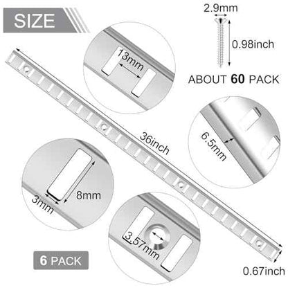 6 Pcs 36 Inch Shelf Pilaster and 36 Pcs Cabinet Shelf Clips Adjustable Shelf Rail Metal Mortise Mount Pilaster Strip Standard for Wall Bookcases Shelving System Closet Organization Storage (Silver)