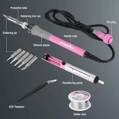 WORKPRO Soldering Station, 60W Soldering Iron Kit Digital Display, 5 Extra Iron Tips, Precision Temperature Control Solder Station for Electronic Repair, DIY Enthusiasts - Pink Ribbon
