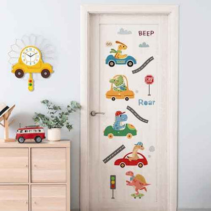 Yovkky Dinosaur Car Beep Wall Decals Stickers, Dino Roar Vehicle Transportation Toddlers Baby Nursery Decor, Traffic Sign Home Decorations Boys Kids Bedroom Playroom Art