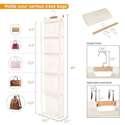 Syeeiex Hanging Handbag Purse Organizer with Zippers, 5 Mesh Shelves,Clear Slubbed Fabric+PVC Hanging Closet Bag Organizer, Dustproof Handbag Closet Tote Storage Bag for Door, Wardrobe, Beige