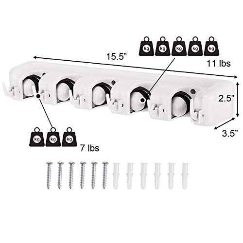 Tangkula Wall Mount Mop Broom Holder, Hanging Broom Organizer w/ 5 Slots & 6 Hooks, Home Storage Organizer Rack, Hanging Utility Rack for Home, Kitchen, Garage, Laundry (White)