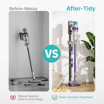 Vacuum Cleaner Stand, Compatible with Dyson Gen5 V15 V12 V11 V10 V8 V7 V6, Vacuum Holder with 2 Removable Accessory Clips, Cordless Vacuum Attachment Organizer with Built-in Cable Slot, Black