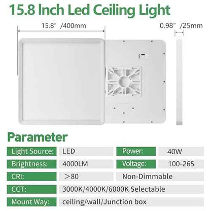 16 Inch Square LED Flush Mount Ceiling Light 2 Pack, 40W 4000LM, 3000K/4000K/6000K CCT Selectable, White Super Slim Low Profile Ceiling Light Firxtue for Bedroom/Kitchen/Living room/Dinning room