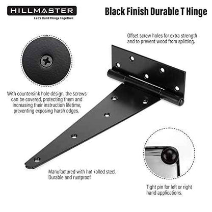 12 Inch T-Strap Heavy Duty Shed Door Hinges Gate Strap Hinges Black Tee Hinge Wrought Hardware for Wooden Fences,Yard,Barn Door,Rustproof (6 Pack)