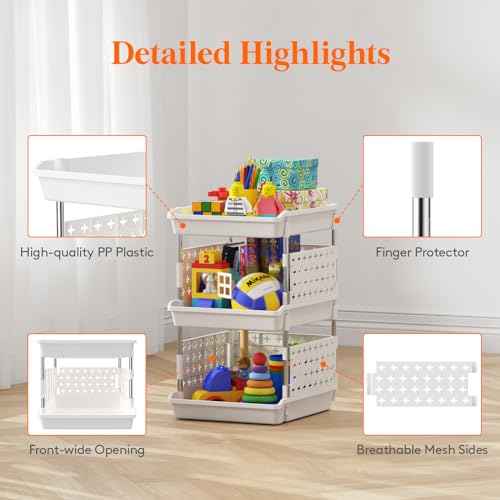 Lifewit Plastic Stackable Storage Baskets, 3 Tier Stacking Bins 13.8"D x 11.8"W x 21.3"H, Large Capacity Multi-Functional Containers Shelves for Pantry, Playroom, Kitchen and Bedroom, 1 Pack, White