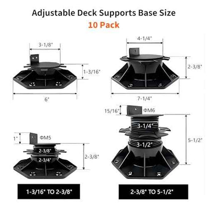 10Pack Adjustable Deck Pedestal - Floor Lift Deck Support Raising Platform Height from 2-3/8" to 5-1/2" Black
