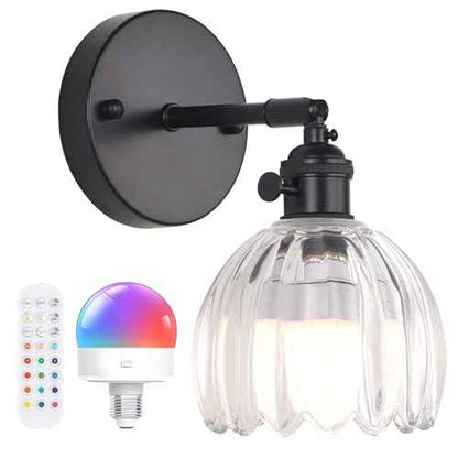 Vintage Battery Operated Wall Sconce with Cute Transparent Tulip Glass Lampshade Wireless Rechargeable Battery Powered Black Wall Light with Remote Control for Bedside Bedroom Doorway